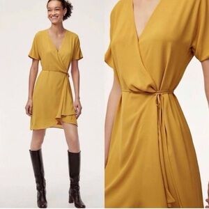 Aritzia Babaton Wallace Short Sleeve Wrap Dress Mustard Yellow S NWOT